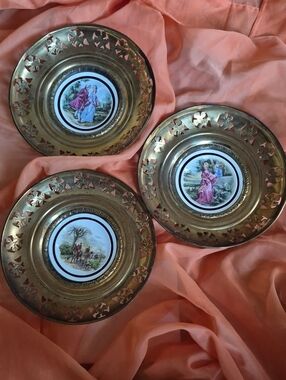 Vintage 60s Wall Decor Brass & Bone China Plates Bundle
